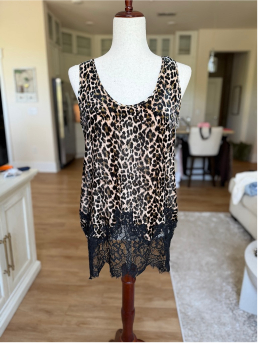 Gold Hawk Leopard Print Tank Top with Lace Trim S